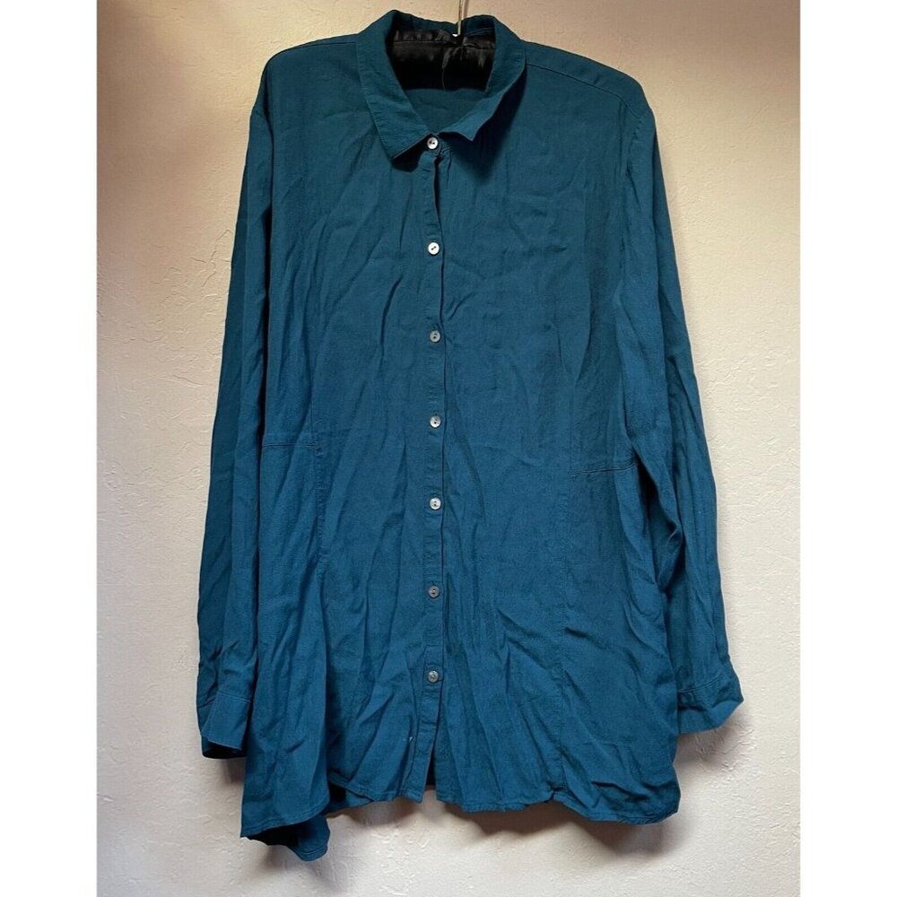 J.Jill Women Casual Blue Button Down Rayon Tunic Top Shirt Blouse XL Long Sleeve